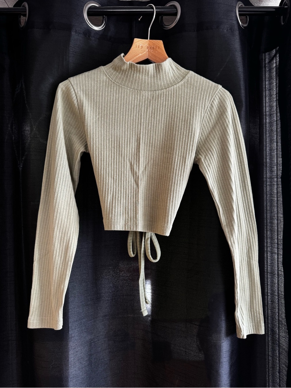 PLT Ribbed Mock-Neck Tie-Front Crop Top - Sage